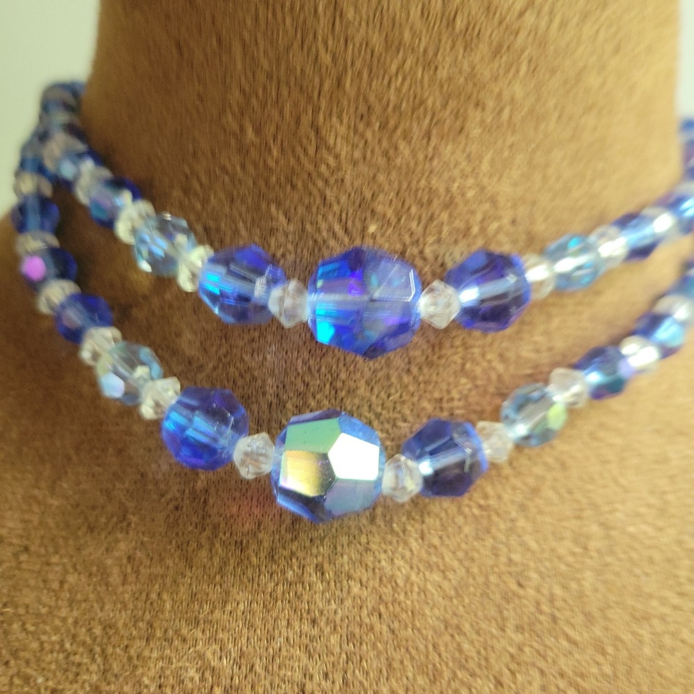 Vintage Blue Aurora Borealis Double Strand Crystal Bead Choker Necklace 13"